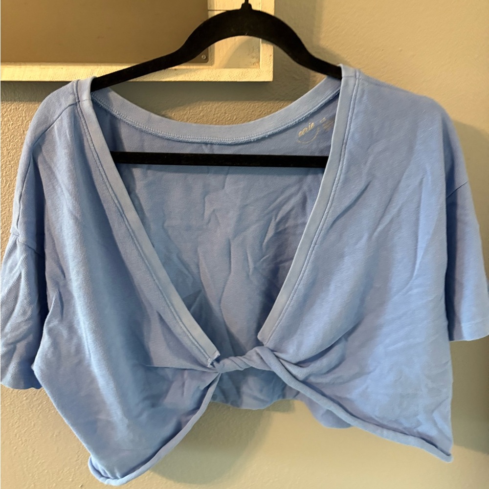 Aerie Blue Crop Tie Front T-Shirt